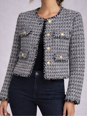 JOIE BLACK WHITE TWEED FRINGE TRUM BLAZER JACKET WITH GOLD BUTTONS SZ SMALL